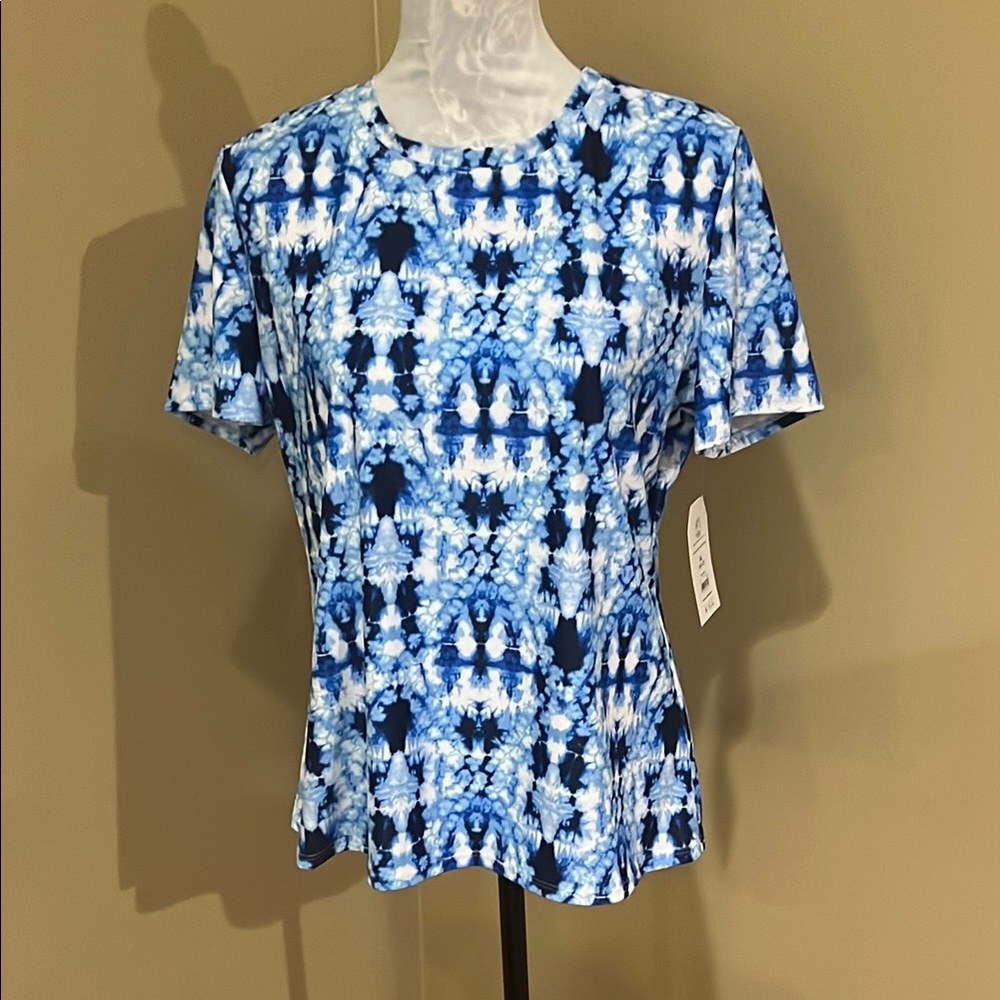 Time and Tru Rash Guard Blue White Tie-Dye swim shirt XL